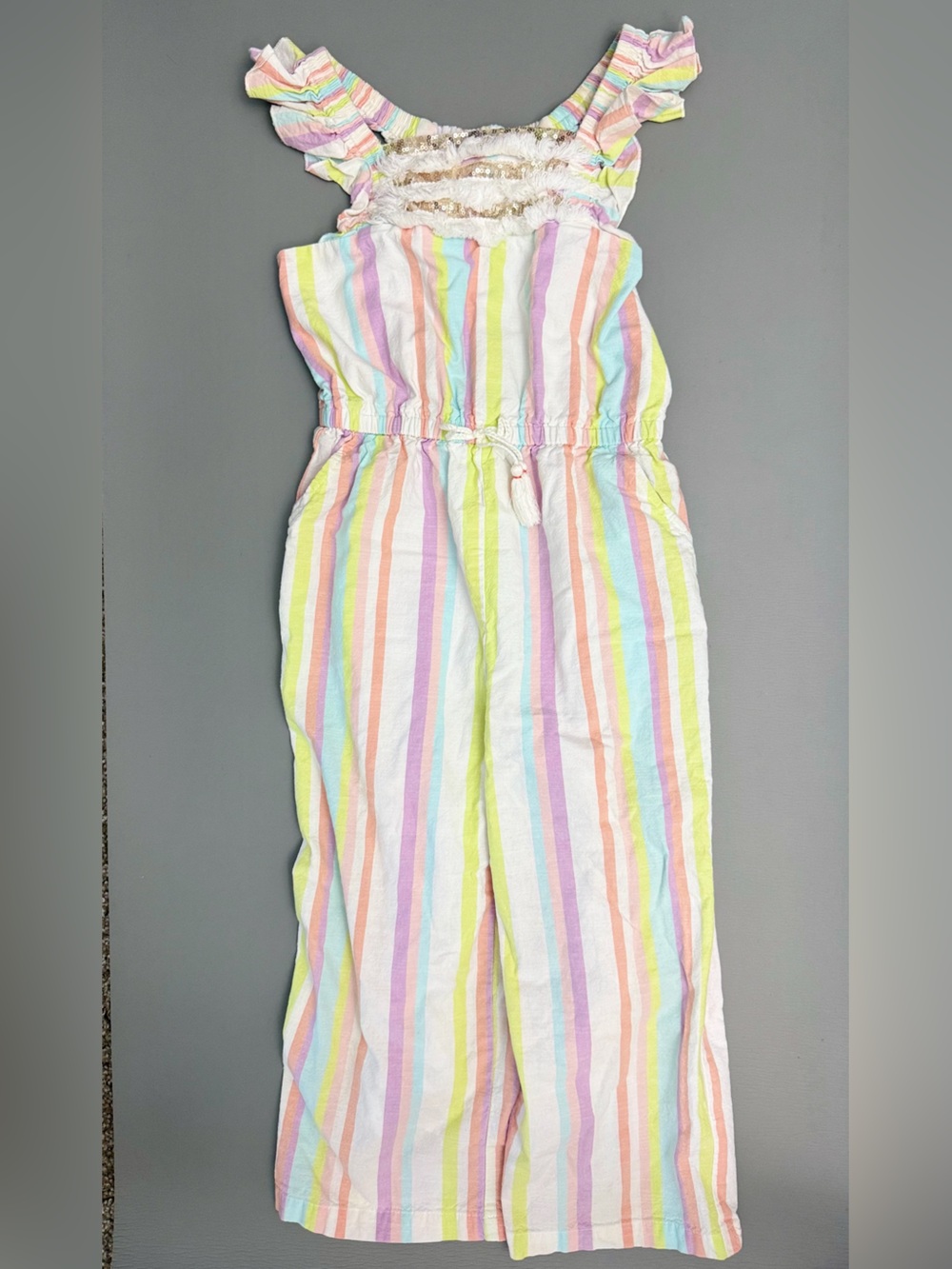 Peek Kids Girls Rainbow Stripe Sequin Wide Leg Jumpsuit Size 8 Cotton